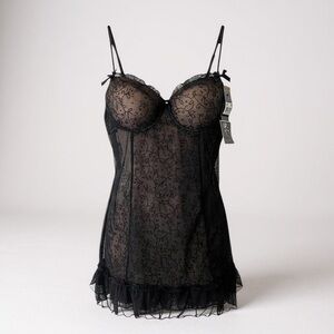 MARILYN MONROE L Black Floral Lace Nude Ruffles Nightie Chemise Slip NWT R $45